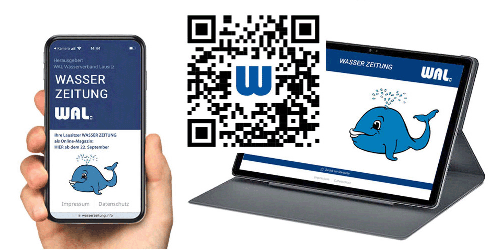 Bild zeigt ein Bild von einem Hany und einem Laptop und ein QR Code, weiterführenden Link zur aktuellen Ausgabe der Wasserzeitung.